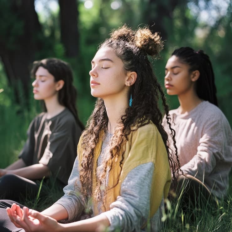 Friends practising meditation together outdoors